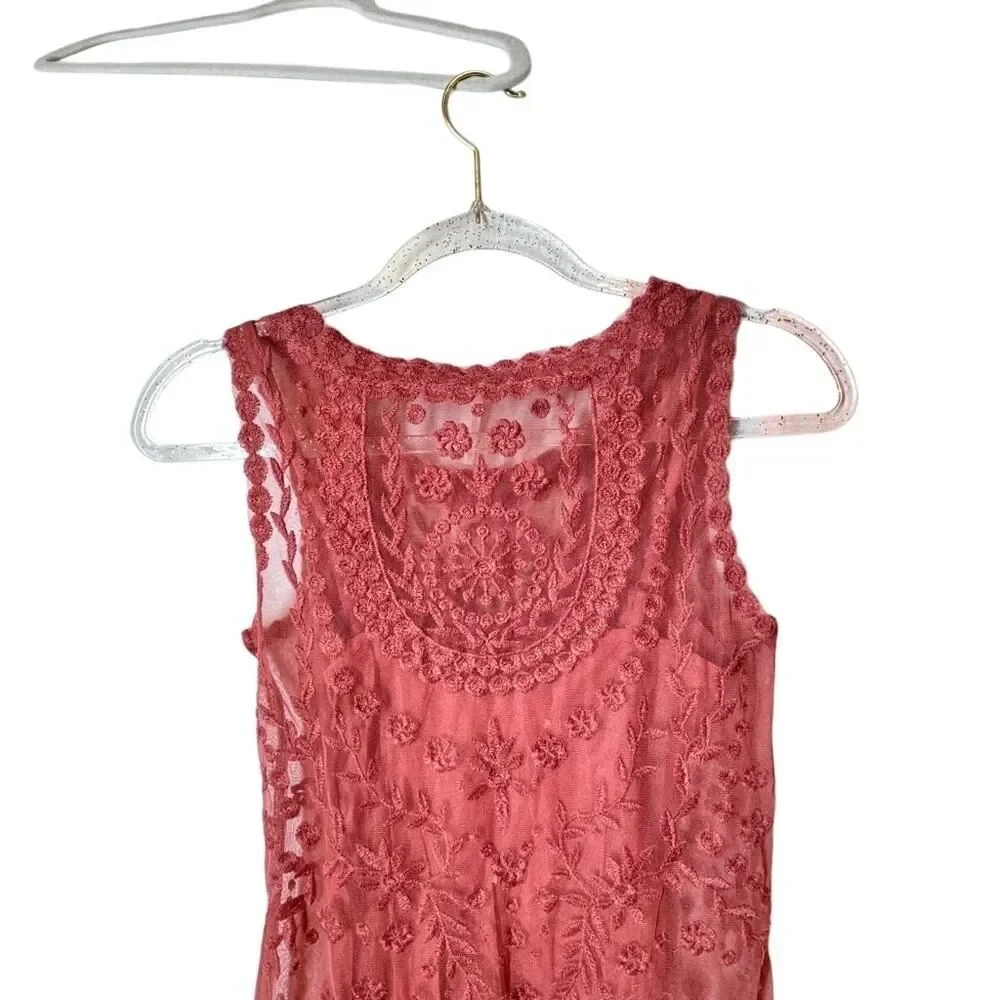 Free People Embroidered Mesh Mini Dress in Red Rouge Sheer with Liner XS